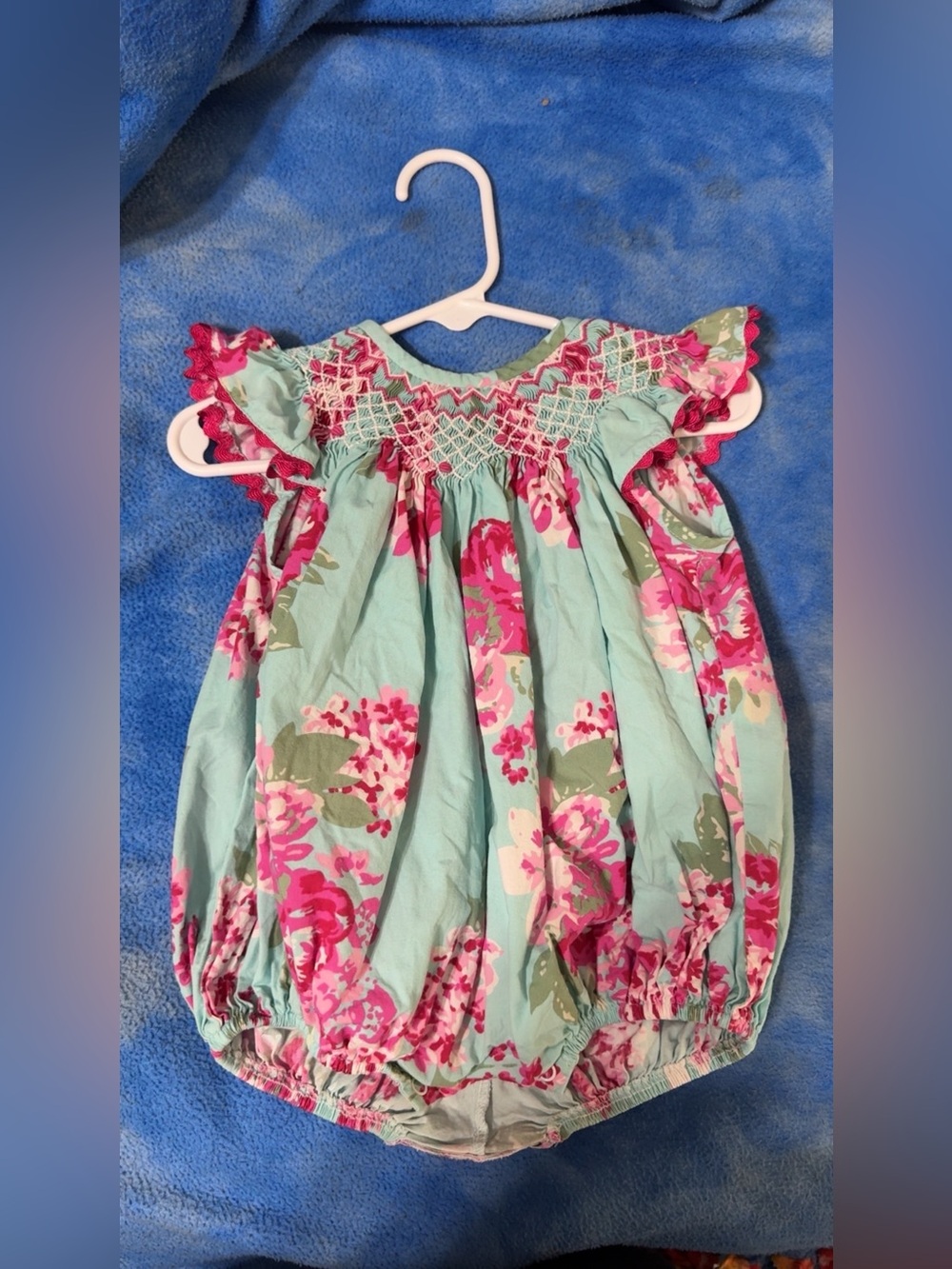 Floral Smocked Bubble Romper in Aqua & Pink